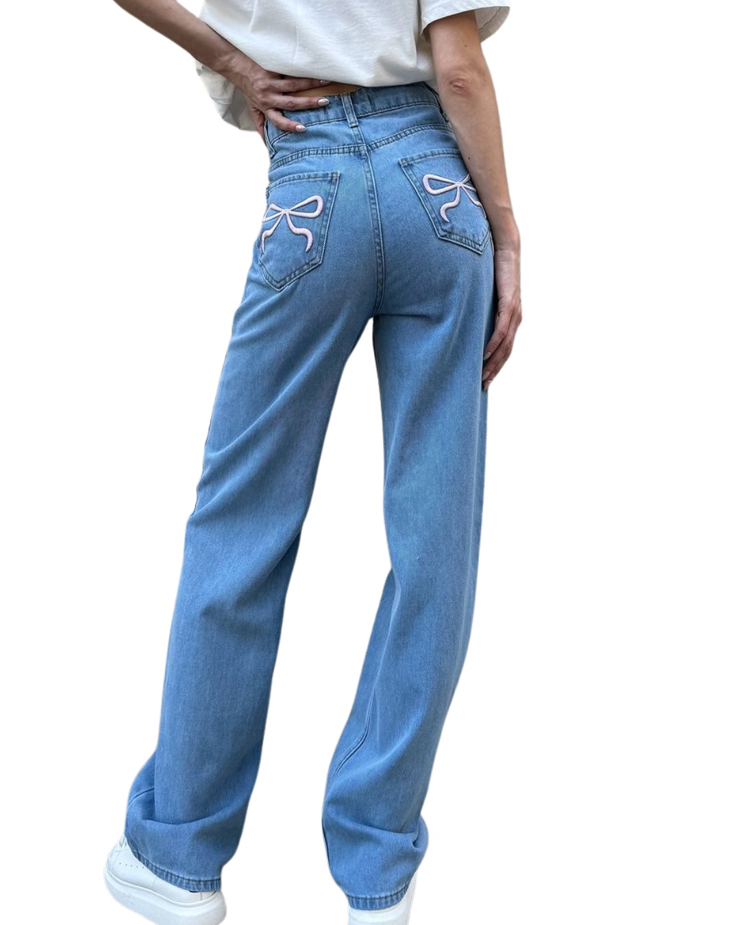 Ribboned Blue Baggy Straight Jeans