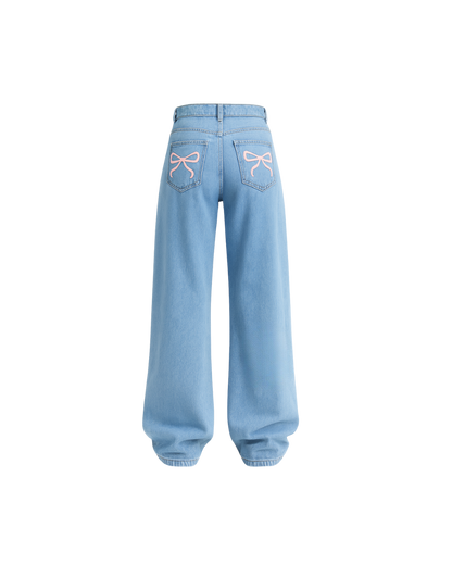 Ribboned Blue Baggy Straight Jeans
