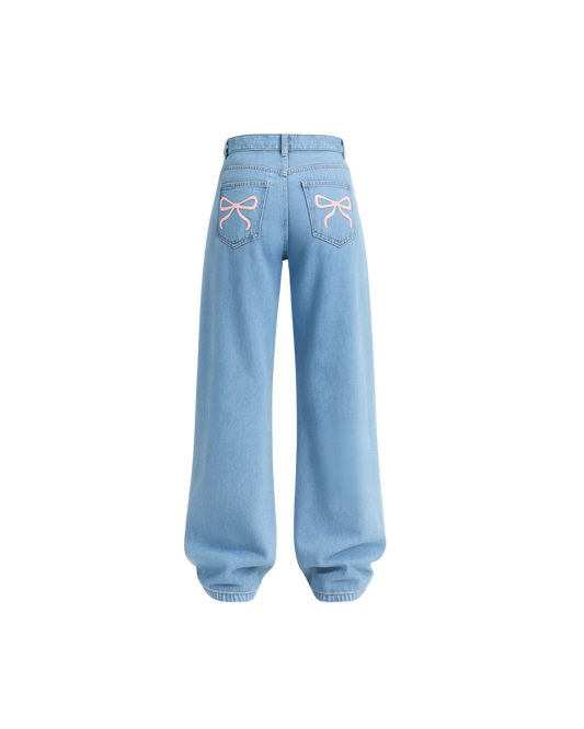 Ribboned Blue Baggy Straight Jeans