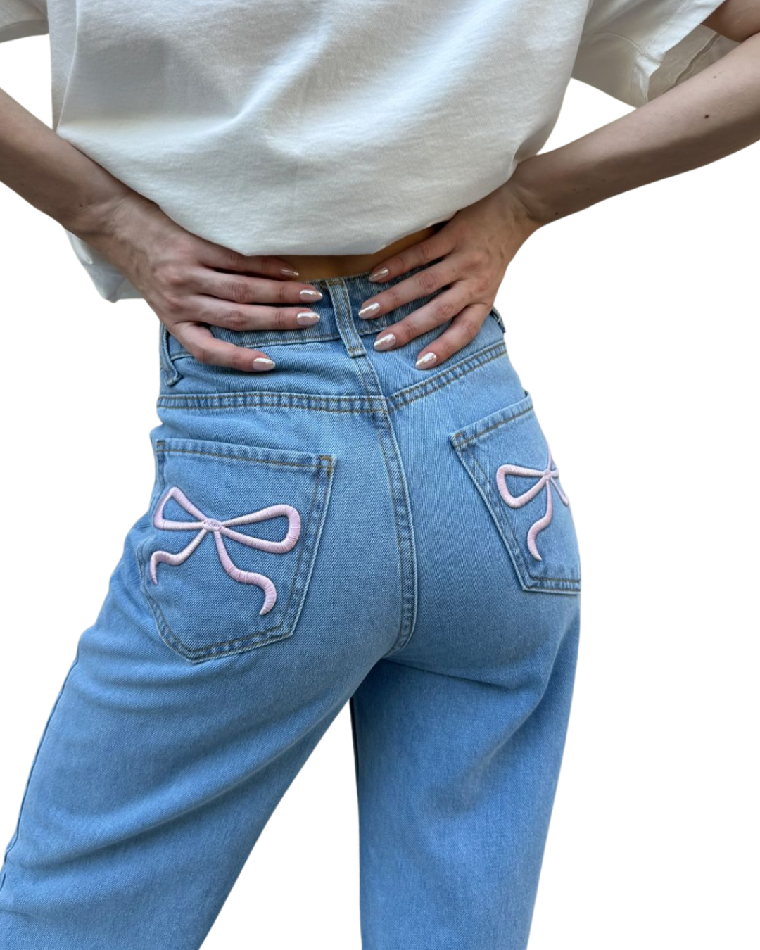 Ribboned Blue Baggy Straight Jeans