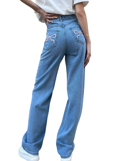 Ribboned Blue Baggy Straight Jeans