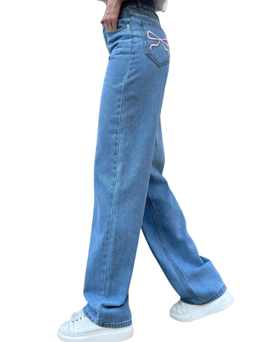 Ribboned Blue Baggy Straight Jeans