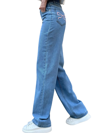 Ribboned Blue Baggy Straight Jeans